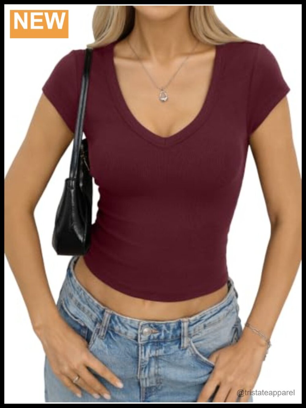 Cotton Ribbed Deep V Neck Crop Top Cap Sleeve T-Shirt